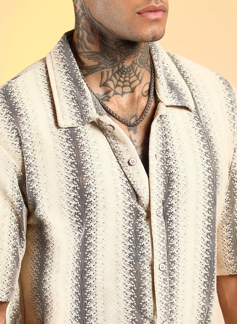 CAHOOT  Men's Ivory White & Midnight Black Texture-Striped Co-Ord Set For Casual Wear | Spread Collar | Short Sleeve | Button Closure | Co-Ords Crafted With Comfort Fit For Everyday Wear for Men | Best Price UAE